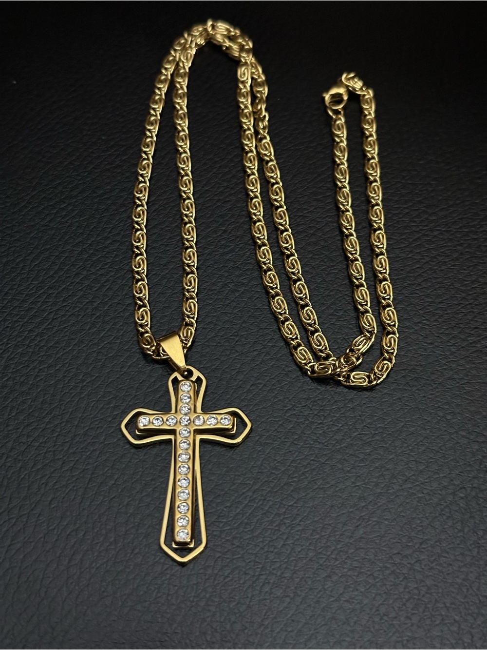 Gold-Tone Stainless Steel Cross Pendant Necklace with Rhinestones